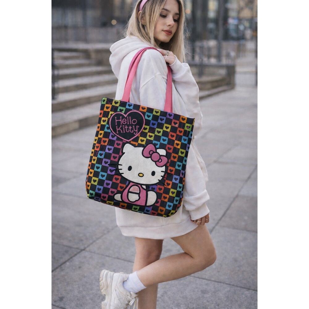 Hello Kitty Rainbow Check Tote Bag Kidcore Y2K Kawaii Pink Strap Zip Top